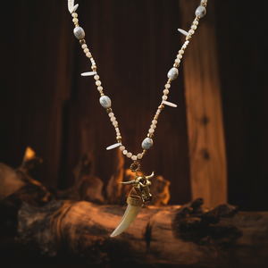 Beaded Necklace With Gold Plated <b>Bull</b> <b>Skull</b> And Horn Pendant 316L Stainless Steel Sustainable Resistant Fashion Jewelry - Product Image 3