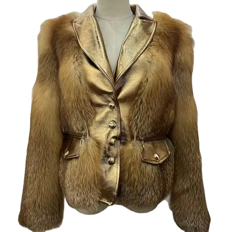 Kadın kış sıcak gerçek tilki kürk lüks toptan rahat ceket ile hakiki deri yaka kadın ceketi
