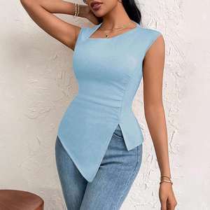 Novedad de primavera y verano para mujer, camiseta de estilo elegante con cuello inclinado, ajustada, corta, de Color sólido, Irregular, para mujer - Product Image 4