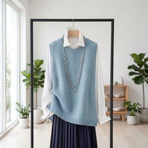 <span class=keywords><strong>Gilet</strong></span> asymétrique en maille pour <span class=keywords><strong>femme</strong></span> 2026 – Pull sans manches décontracté bleu brume, texture douce, respirant, 100 % acrylique, pour usage quotidien - Product Image 1