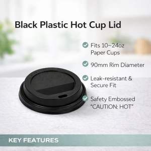 ProTakeOut PTOFLPA90B 10-24 Oz Flat Lids Paper <b>Cups</b> 90mm Rim <b>Black</b> PP Plastic 1000 Pack (50/20) Secure-Fit - Product Image 3