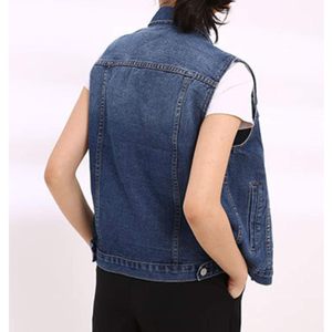 FOXA Womens Denim Vest Sleeveless Buttoned Distressed Washed Jean Jacket With <b>Chest</b> Flap Pockets Vintage Style - Product Image 2