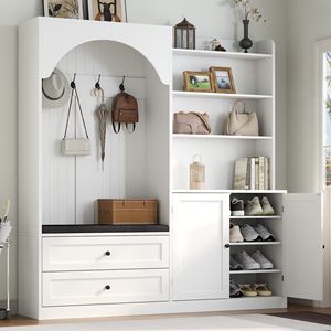 SENYU Moderno Mueble de Entrada Blanco con Perchero, Banco, 4 Ganchos, 5 Estantes, Armario para Zapatos, Mueble Multifuncional - Product Image 1