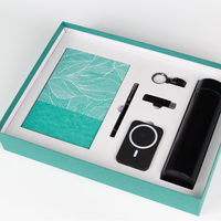 Ensemble cadeau d'affaires personnalisé le plus vendu : Carnet en PU motif feuille cyan, thermos, stylo, porte-clés, batterie externe et sac pour entreprise
