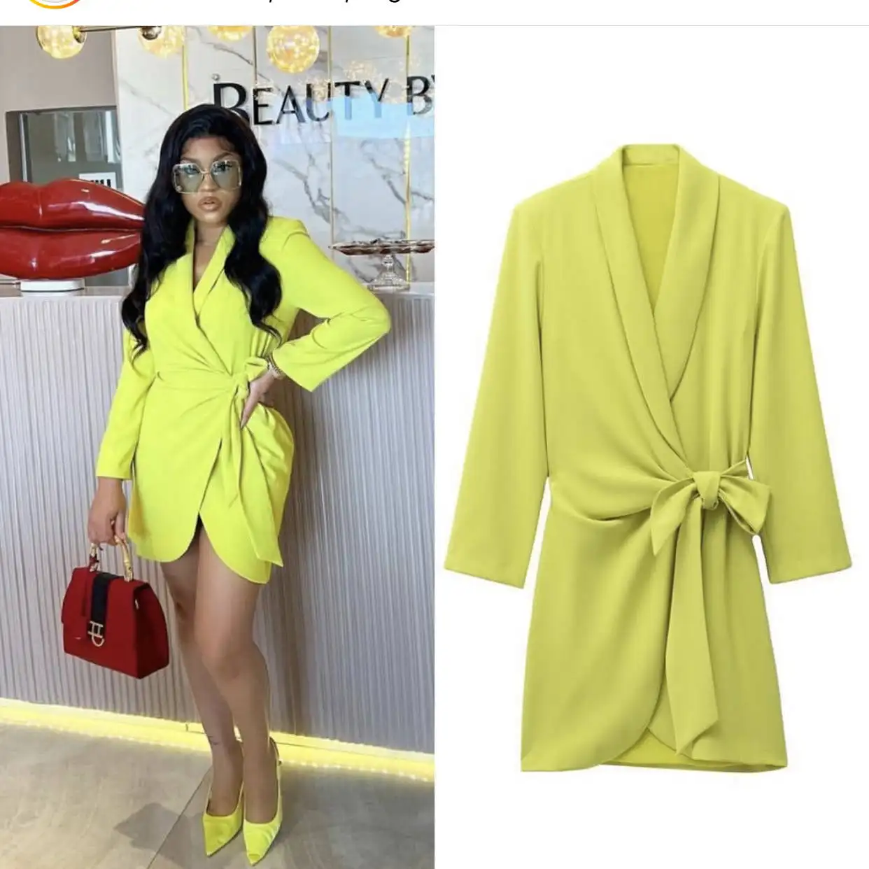 2022 Summer Elegant Yellow V Neck Long Sleeve Blazer Mini Dresses For Women