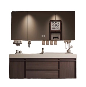 Walnut-colored bathroom cabinet with smart <b>mirror</b> white countertop <b>wall</b>-mounted sink and drawers - Product Image 1