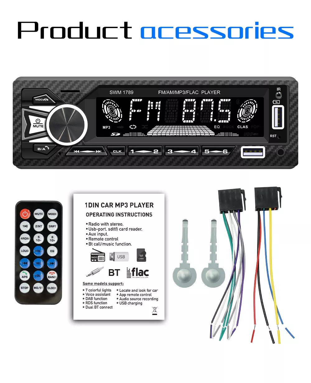 カーステレオ Universal Single Din Car MP3 Player SWM 1789 with BT, USB, AUX