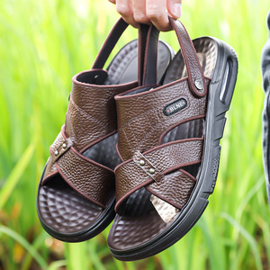 Blnr Sandales à coussin d'air en cuir de vache pour hommes, chaussures de plage à semelle épaisse avec sangle croisée, à enfiler, taille jeune 6937 - Product Image 1