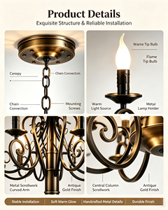 Lustre suspendu vintage en <span class=keywords><strong>fer</strong></span> <span class=keywords><strong>forgé</strong></span> fluorescent à 6 lumières en métal <span class=keywords><strong>noir</strong></span> pour salon, salle à manger, décoration intérieure - Product Image 5