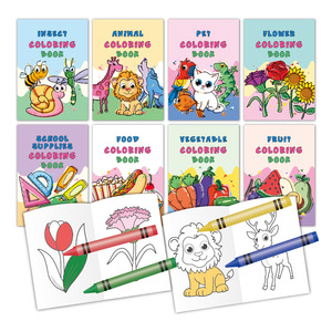 Fournitures scolaires, fleurs, animaux de compagnie, fruits, légumes, insectes, animaux mignons, nourriture, divers thèmes, livre de coloriage 8-en-1 pour enfants - Product Image 1