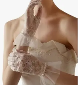 Short Lace Mesh Gloves Tulle Border with Pearls Wedding Opera Tea Party Gloves for Women Formal