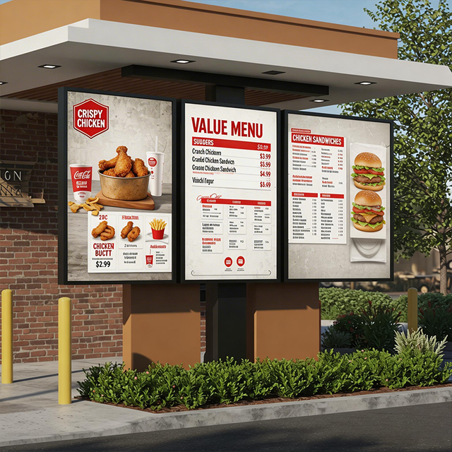 Hot Selling IP65 Waterproof 3x55 Inch Outdoor Triple Screen LCD Digital Poster Animation Drive-thru Menu Boards Advertising
