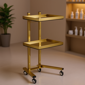 Chariot de salon à 2 niveaux en acier inoxydable doré à 4 roues pour usage en institut de beauté et spa - Product Image 2