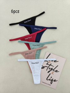 En stock paquet de 6 pièces de strings en coton multicolore mignon lettre imprimer saint valentin français coupe T dos sexy mignon culotte Undie - Product Image 2