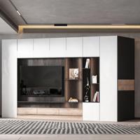 Meuble TV ouvert, style minimaliste, en noyer, pour salon, avec plateau en marbre brun naturel