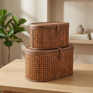 Oval Natural Rattan Storage <b>Baskets</b> with Lid <b>Stackable</b> Rustic Design for Sundries Organization - Product Image 5