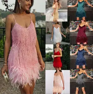 S-3XL plus size dresses Summer 2024 v neck spaghetti strap glitter sequin tassels fringes birthday party feather trim Dress