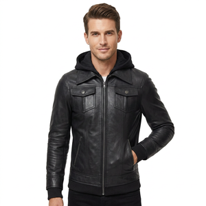 Chaqueta de Motociclista de Cuero Vacuno Genuino para Hombre, con Capucha Desmontable, Cierre de Cremallera, Color Negro Sólido, Estilo Otoñal, Corte Regular - Product Image 2