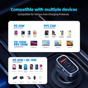Hızlı Şarj Cihazı Tip C 138W Araç Şarj Cihazı, PD ve QC3.0 <span class=keywords><strong>3</strong></span> USB Girişli, Kulaklık ve Cep Telefonları için Yanmaz Malzeme - Product Image 2