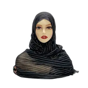 Wholesale Muslim Luxury Glitter Stripes Head Scarf Viscose Cotton Black Hijab Jersey Tassel Shawl Turbans For Ladies Fashion