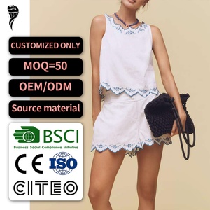 Vêtements décontractés de haute qualité 100% coton personnalisés par Anthropologie Ensemble sans manches brodé Shorts et hauts pour femmes - Product Image 1