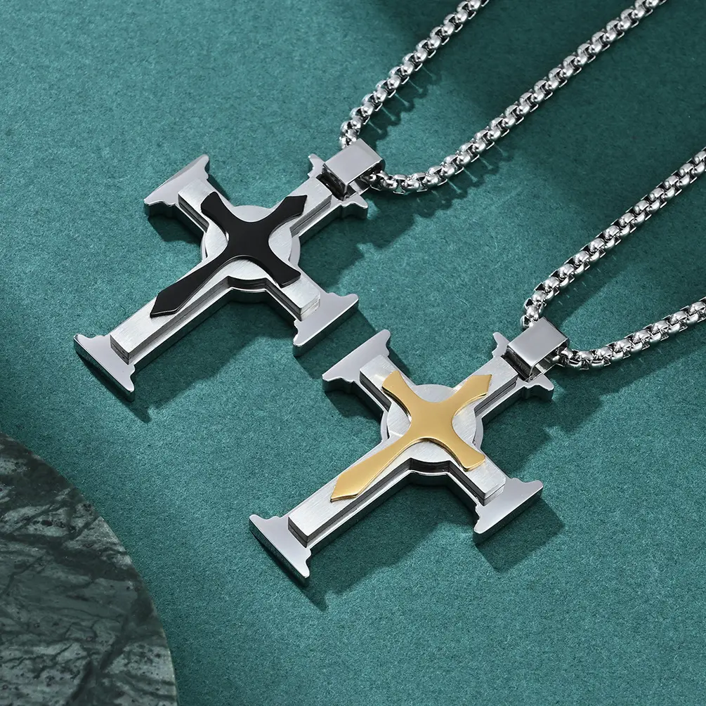 Religious Jewelry Mens Cross Men's Gold Silver Black Pendant Hip Hop Male Statement Necklace stainless steel chain