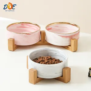 Doe Pet Supplier Custom Wholesale Lovely Ceramic Pet Dog Feeding Bowl Animal Eating Bowl With Wooden Frame Stand