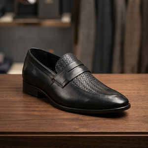 Mocassins modernes pour hommes en cuir de vache véritable noir à lacets, motif géométrique tressé, sangle Penny, légers, toutes saisons, chaussures de marche - Product Image 1