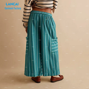 Pantalones rectos para mujer Tela de algodón a rayas Cintura con cordón Casual Suelto Vida diaria Ropa personalizada al por mayor - Product Image 2