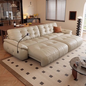 โซฟาเบดห้องนั่งเล่นสุดหรูสไตล์อิตาลี หนังวัวแท้ชั้นบนสุด โซฟาหนังแท้เอนกประสงค์ปรับไฟฟ้า - Product Image 1