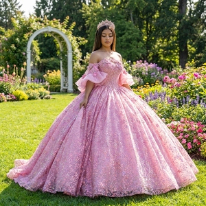 Vestido de Quinceañera de Satén con Apliques de Encaje, Hombros Naturales, Mangas Desmontables, Largo hasta el Suelo, Vestido de Gala para Fiesta de Cumpleaños 1238 - Product Image 1