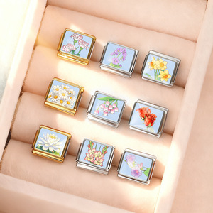 Bracelet modulaire italien en acier inoxydable avec breloque détachable DIY, motif fleur du mois, pour femmes et hommes, cadeau - Product Image 2
