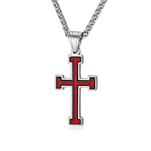 Stainless Steel <b>Cross</b> Pendant Necklace Unisex Geometric Design Red Inlay Bezel Setting - Product Image 1