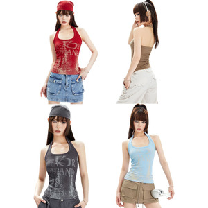 Débardeur Y2K tendance pour femme, style <span class=keywords><strong>vintage</strong></span> avec imprimé lettres, coupe ajustée, dos nu, couleur unie, sexy, pour l'été - Product Image 6