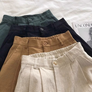 Women's Cotton Linen Shorts High Waist Wide Leg Casual A <b>Line</b> Five Point <b>Pants</b> In Heather Khaki Dark Green Black - Product Image 3