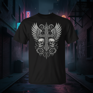 Camiseta gótica con diseño de calavera y alas cruzadas, camiseta gráfica negra para hombre, estética gótica - Product Image 3