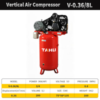 Compresseur d'air à piston à haute cylindrée TAHU V-0.36/8L vertical 3KW 4HP 200L avec grand réservoir 0.8Mpa certifié CE pour usine