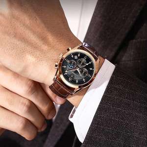 Montre POEDAGAR 820, chronographe décontracté pour homme, acier inoxydable, bracelet en cuir, montre-bracelet de style business, mouvement à quartz, aiguilles lumineuses - Product Image 5