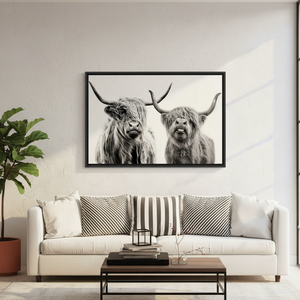 Highland Cow Canvas Print: Elegant Black & White Scottish Decor,BLACK <b>FRAMED</b> CANVAS - Product Image 3