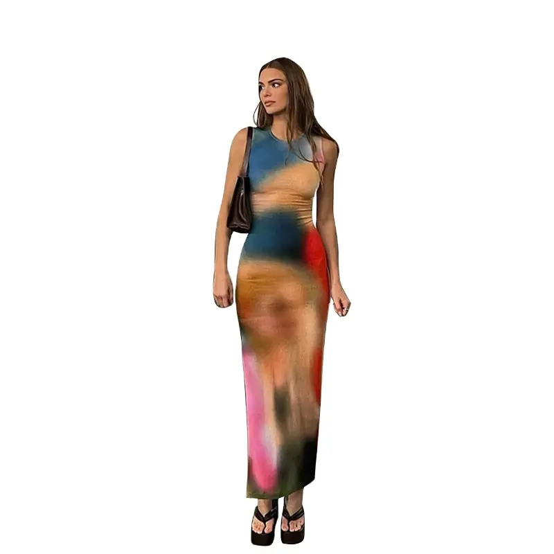 2024 Châu Âu Và Mỹ Của Phụ Nữ Ăn Mặc Mới Tie Dye Thời Trang In Chia Cổ Tròn Bọc Hip Mỏng Đường Phố Ăn Mặc Phụ Nữ