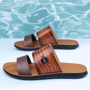 Sandales décontractées pour hommes en cuir PU, style peep-toe, texture croco, confortables, respirantes, à double bride large, 3 couleurs, vente en gros - Product Image 5