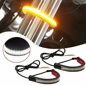 Evrensel motosiklet LED şerit işık fren kuyruk dönüş sinyali & DRL sarı beyaz Motor flaşör halka çatal şerit lamba