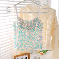 Camisole d'été brodée de paillettes pour femme, sexy, dos nu avec coussinets de poitrine, débardeur féminin, sous-vêtement, veste