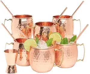 Trynow 16oz Moscow Mule Copper Mugs High Thermal Insulation Steel Mug Set Pure Copper Beer Cups with Hammer Point