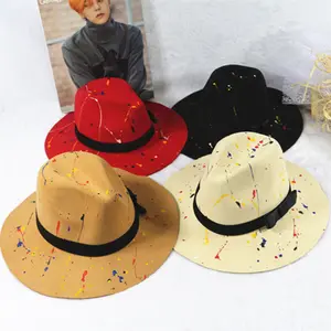 10 ألوان عالية الجودة الأسود الكتابة على الجدران فيدورا قبعة عادية الصلبة الجاز قبعة المرأة كبيرة حافة الخريف موضة فيدورا قبعات