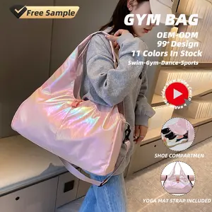 Bolsa de viagem com compartimento para sapatos, porta-colcha para ioga com bolsos laterais de grande capacidade e brilho perolado holográfico