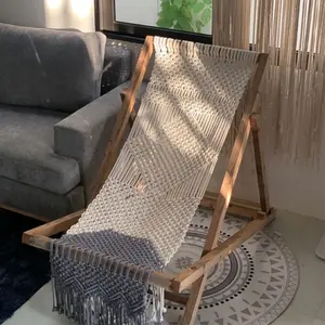 Outdoor Draagbare Opvouwbare Boho Vintage Beuken Houten Tuin Lounge Stoel Handgemaakt Katoen Macrame Touw Franjes Dek Strandstoelen