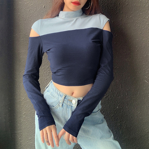 <span class=keywords><strong>Crop</strong></span> <span class=keywords><strong>top</strong></span> à manches longues t-shirt <span class=keywords><strong>blanc</strong></span> pour les femmes t-shirt à deux tons couleur bloc t-shirt dames - Product Image 3