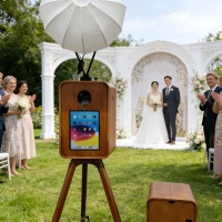 Photomaton vintage portable rétro en bois avec haut-parleur intégré, style iPad, trépied rectangulaire, coque d'appareil photo DSLR pour mariage