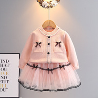Ensemble de vêtements décontractés en tricot à manches longues pour filles de 3 à 4 ans, style doux avec nœuds, en polyester/nylon, respectueux de l'environnement